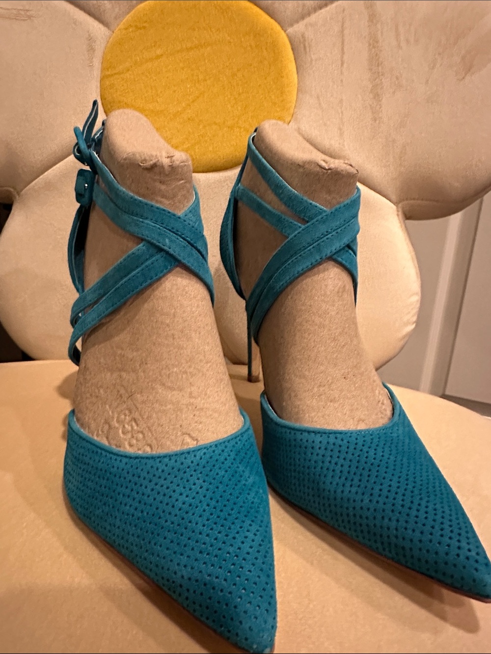 Nine West Teal Pointed-Toe Perforated Suede Cross-Strap Heels